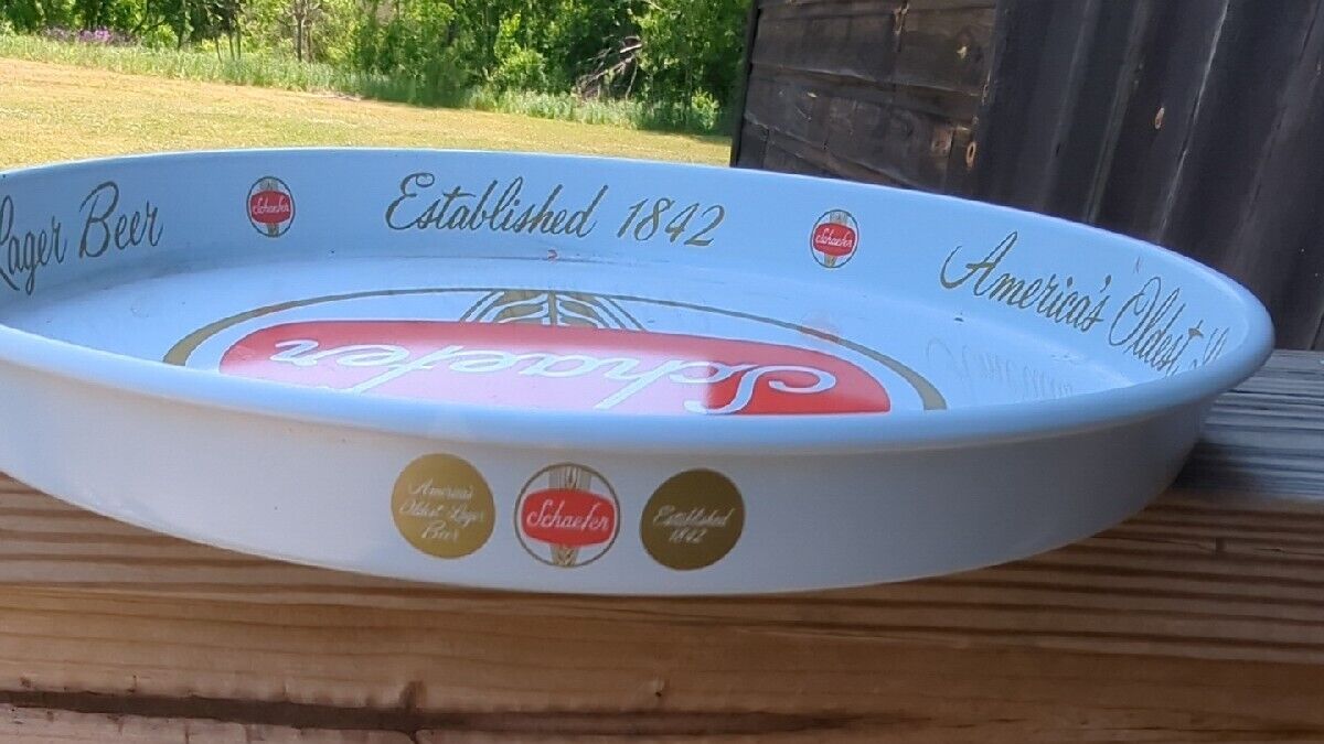 VINTAGE BAR 12" SCHAEFER AMERICA, BEER METAL SERVING TRAY WHITE