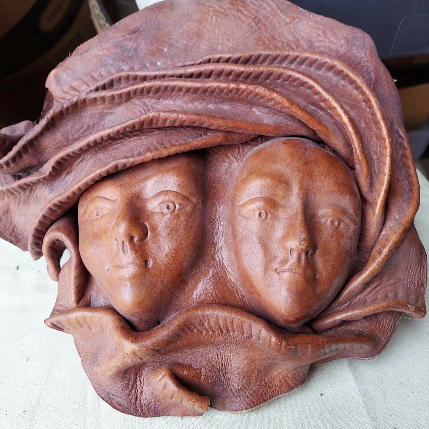 Vintage Haitian African Crafted Leather Two Face Masks Wall Hanging Art