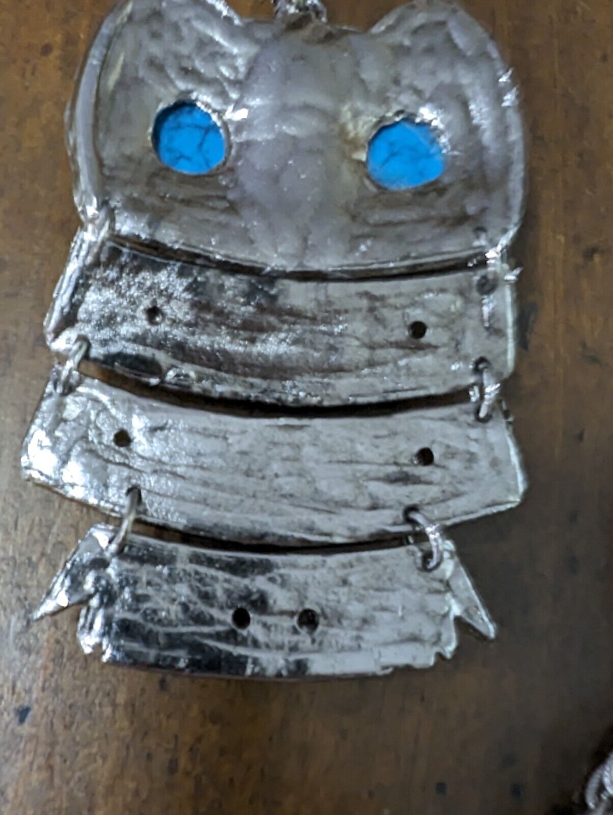 LARGE Owl Pendant & Necklace Silver Tone Costume Jewelry Necklace Blue Eye OO