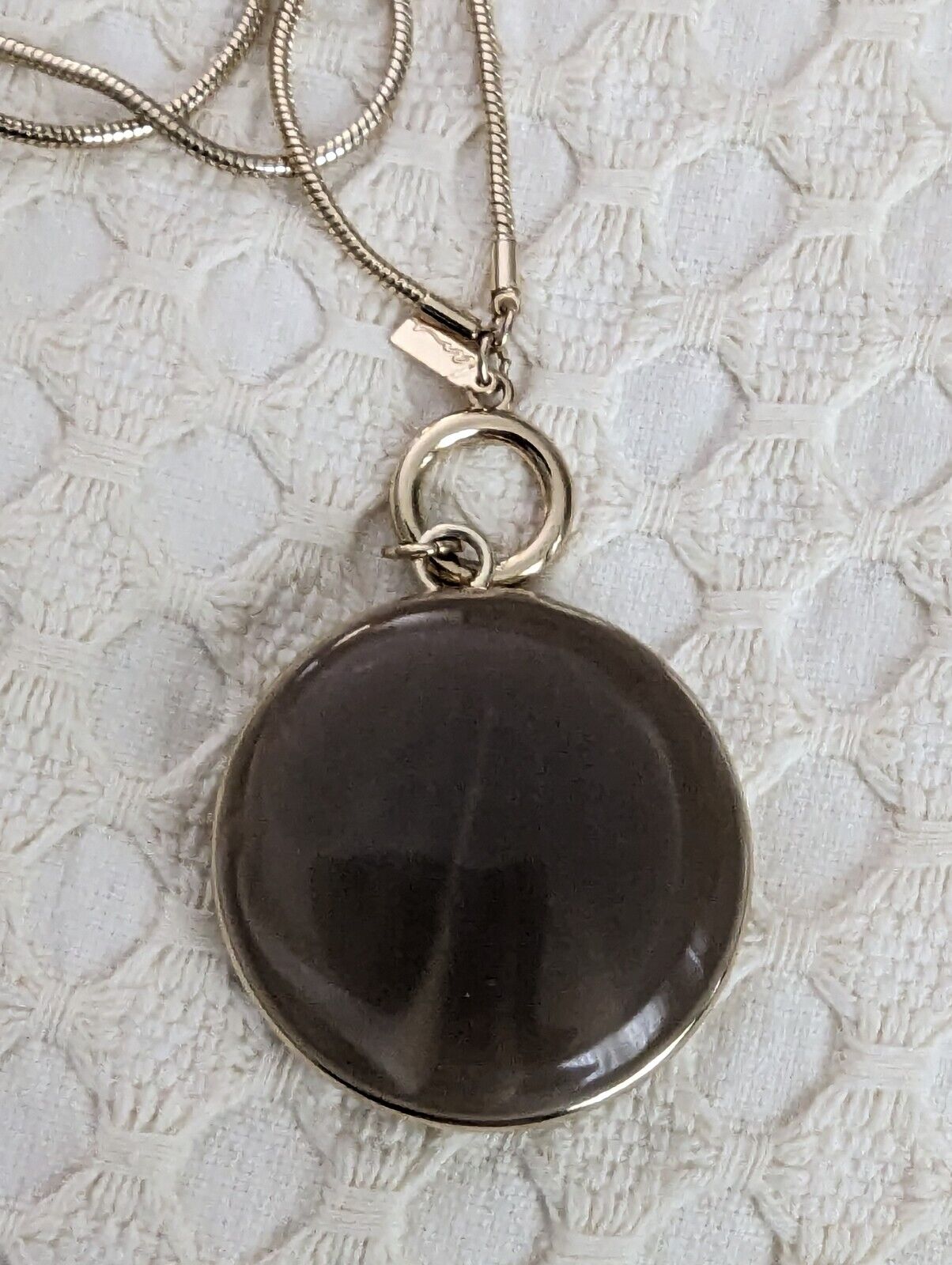 Lani pendant Large Lucite Plastic Tan brown Swirl Round Gold Tone 34"