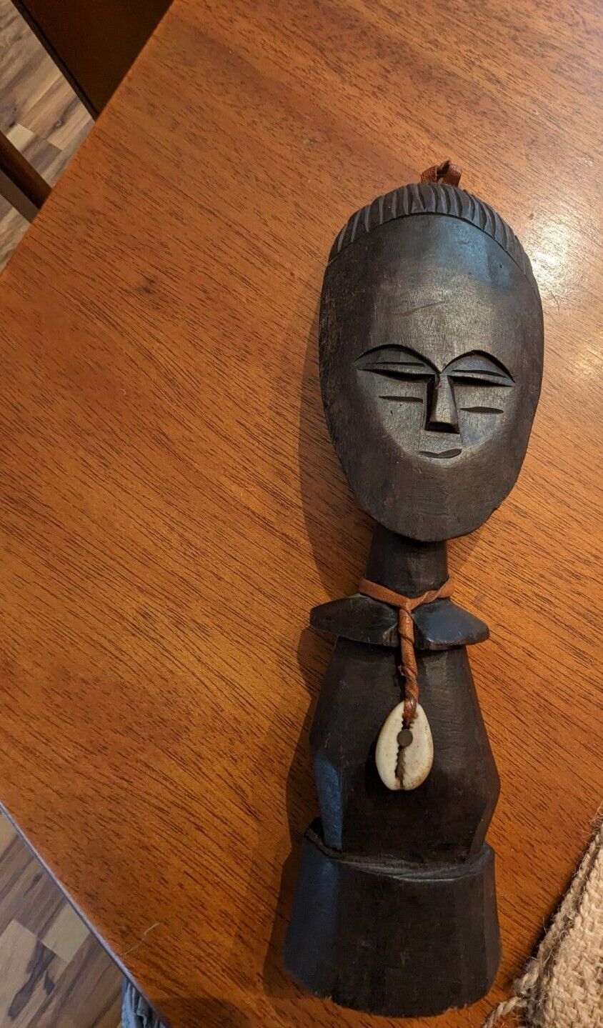 Vintage hand carved African Ashanti wooden figure puka shell leather hang strap