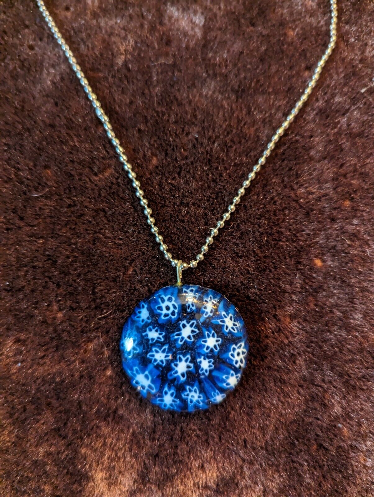 Large Blue Faux Micro Mosaic Pendant On Metal 18" Chain Made In India