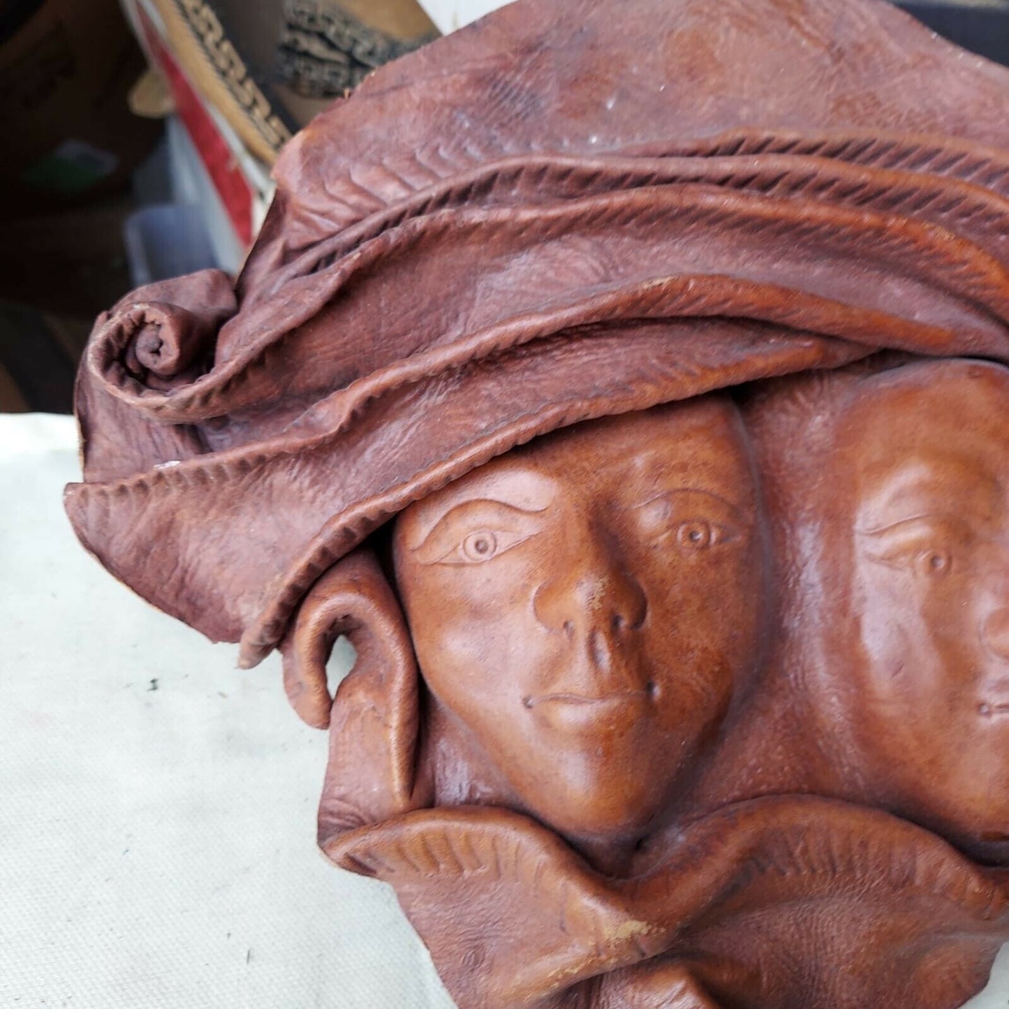 Vintage Haitian African Crafted Leather Two Face Masks Wall Hanging Art