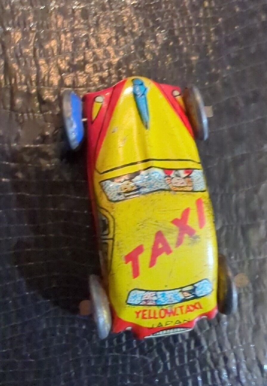 1940s Japan Tiny Tin Litho Toy Car Yellow & Red Taxicab Plate Vintage