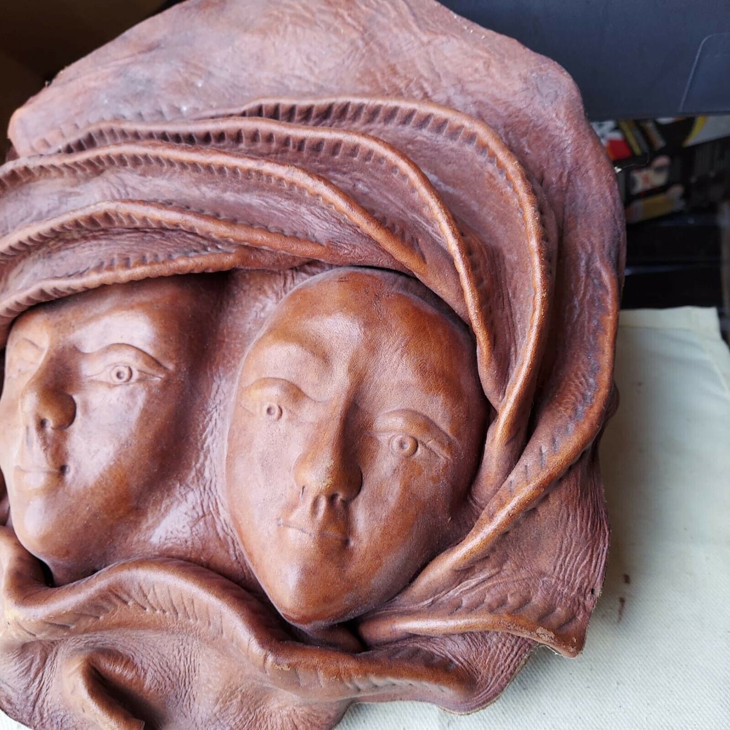 Vintage Haitian African Crafted Leather Two Face Masks Wall Hanging Art