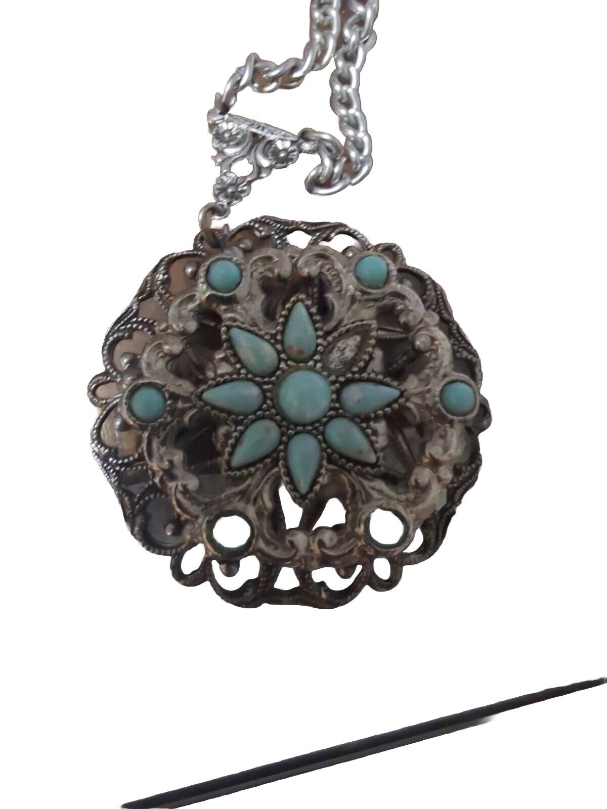 Vintage Silver tone Necklace with Turquoise Stones Pendant