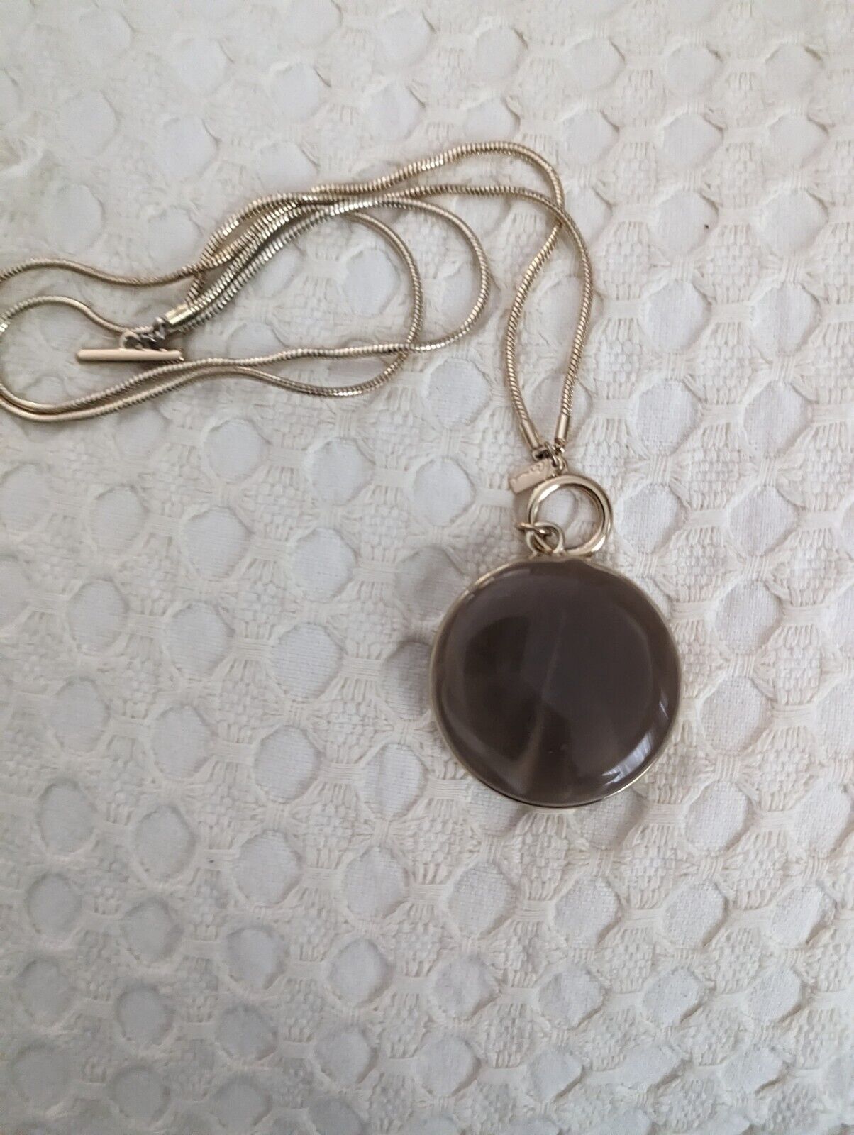Lani pendant Large Lucite Plastic Tan brown Swirl Round Gold Tone 34"