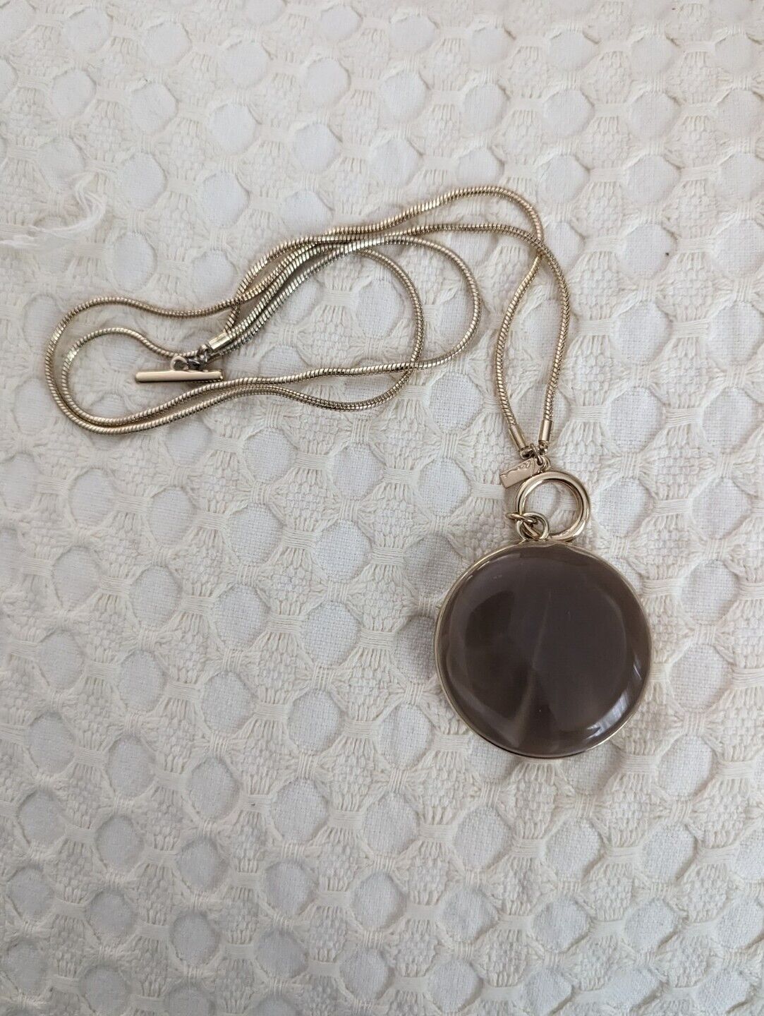 Lani pendant Large Lucite Plastic Tan brown Swirl Round Gold Tone 34"