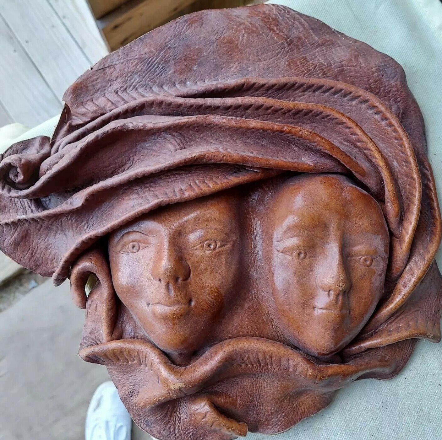 Vintage Haitian African Crafted Leather Two Face Masks Wall Hanging Art