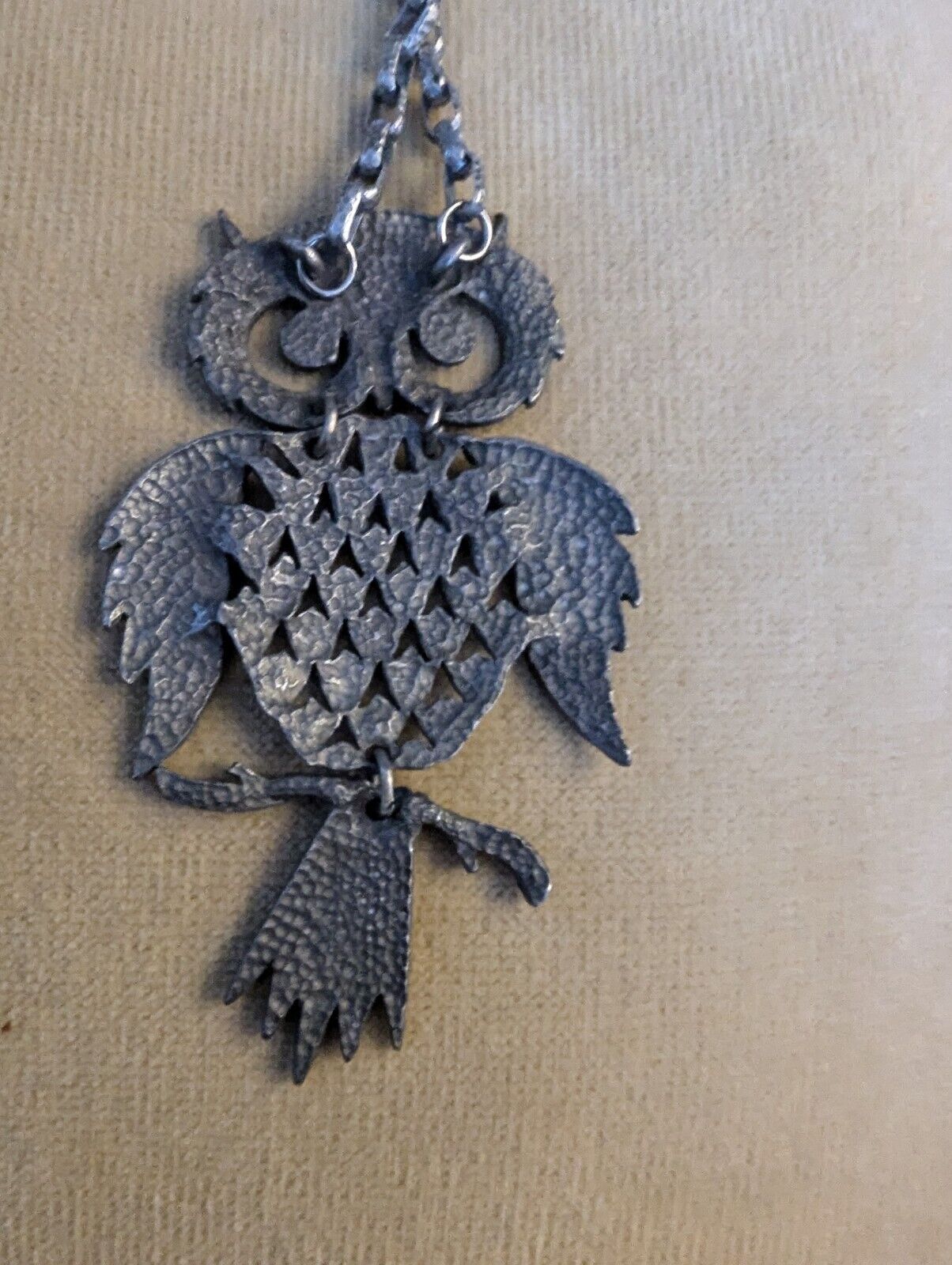 Vintage Bohemian Large Pewter Owl Charm Spirit Animal Boho 4x2.5" Necklace 22"