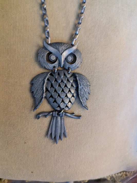 Vintage Bohemian Large Pewter Owl Charm Spirit Animal Boho 4x2.5" Necklace 22"