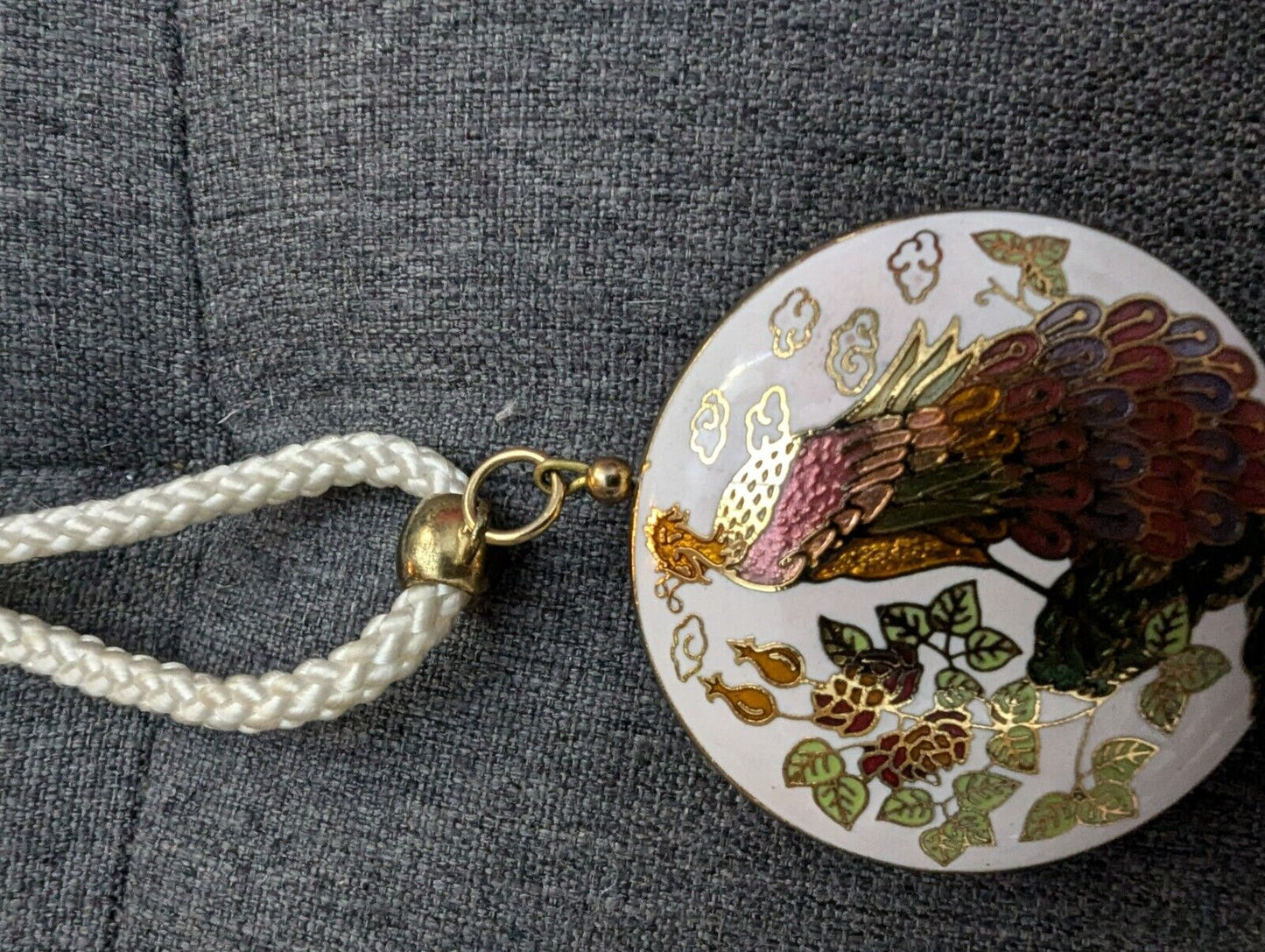 CLOISONNE ENAMEL PEACOCK PENDANT Tassel Fringe Ivory Cord