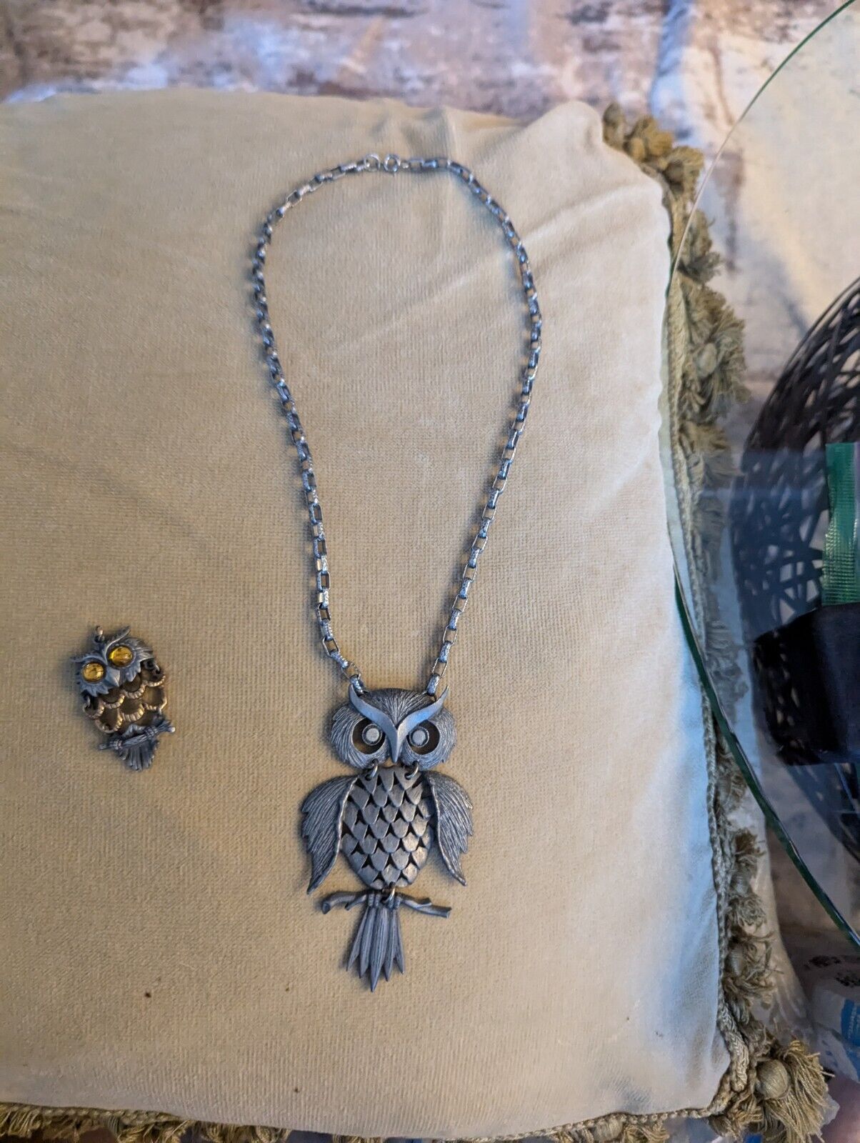 Vintage Bohemian Large Pewter Owl Charm Spirit Animal Boho 4x2.5" Necklace 22"