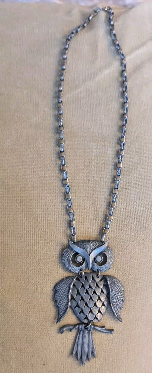 Vintage Bohemian Large Pewter Owl Charm Spirit Animal Boho 4x2.5" Necklace 22"