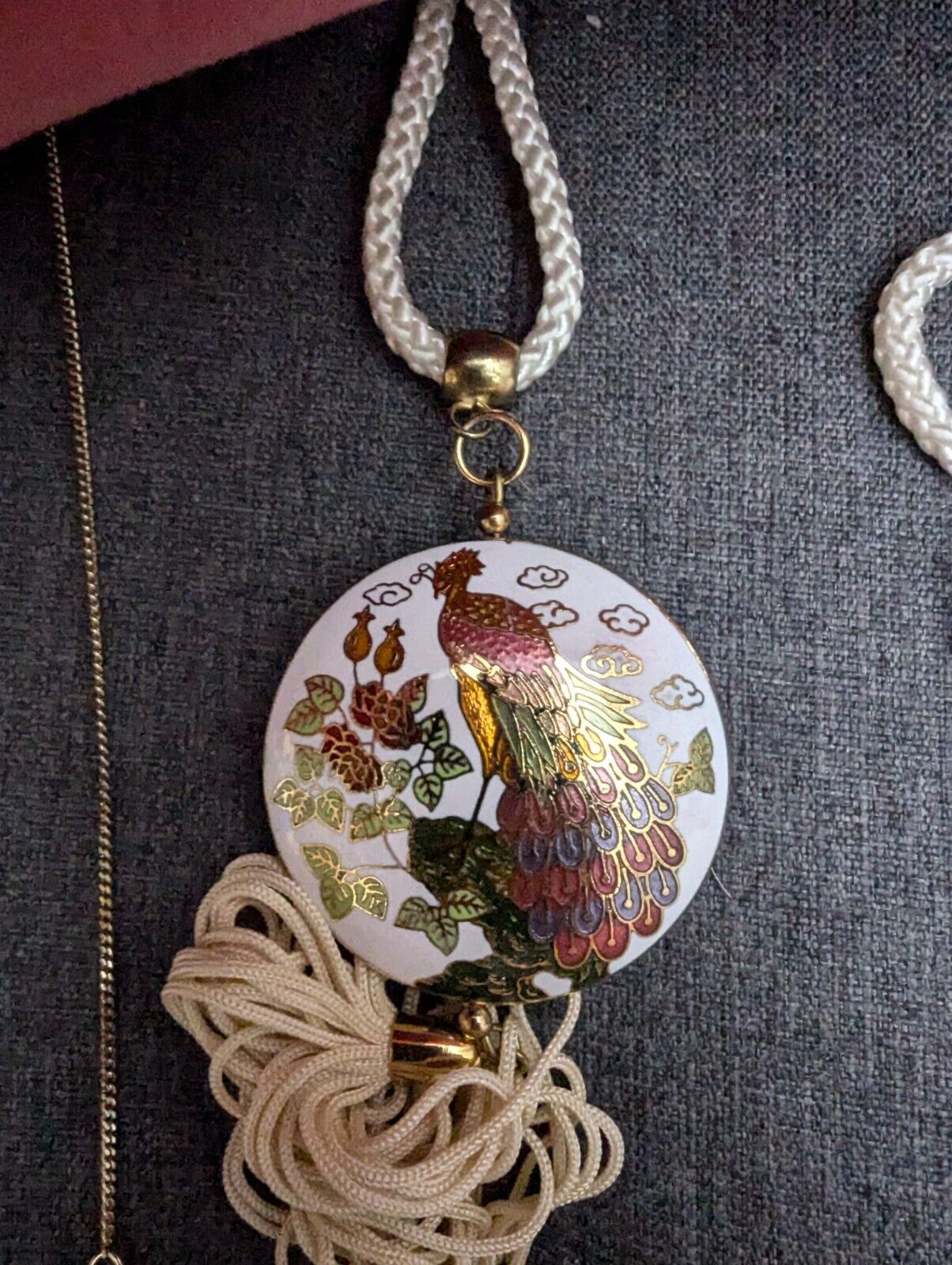 CLOISONNE ENAMEL PEACOCK PENDANT Tassel Fringe Ivory Cord