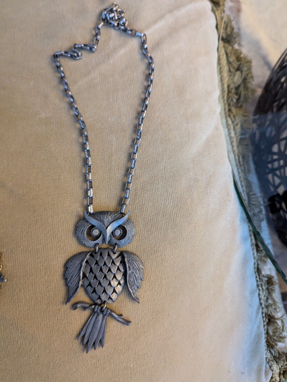 Vintage Bohemian Large Pewter Owl Charm Spirit Animal Boho 4x2.5" Necklace 22"