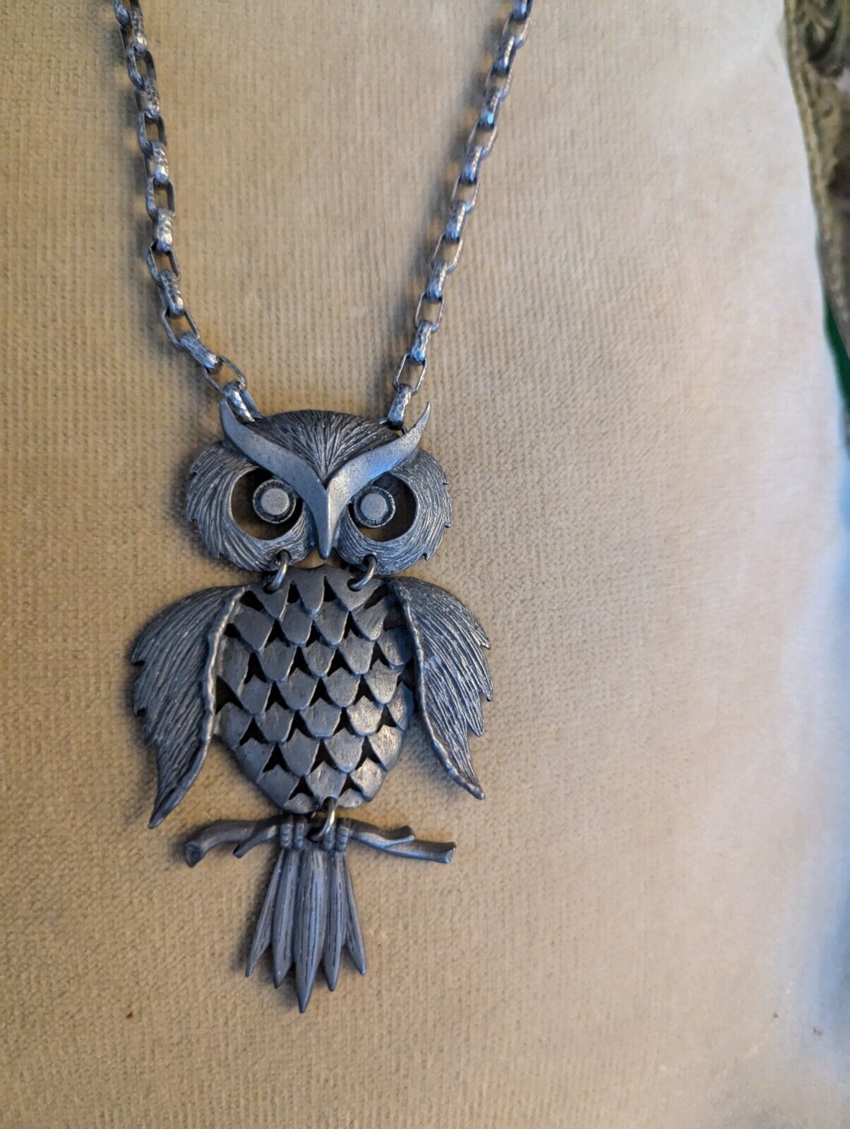 Vintage Bohemian Large Pewter Owl Charm Spirit Animal Boho 4x2.5" Necklace 22"