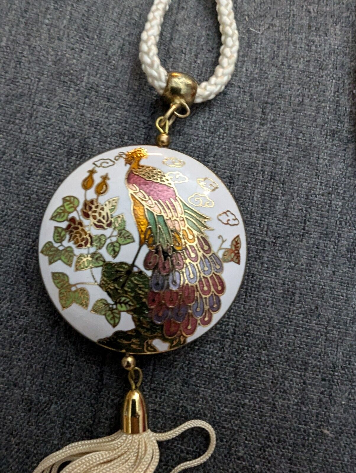 CLOISONNE ENAMEL PEACOCK PENDANT Tassel Fringe Ivory Cord