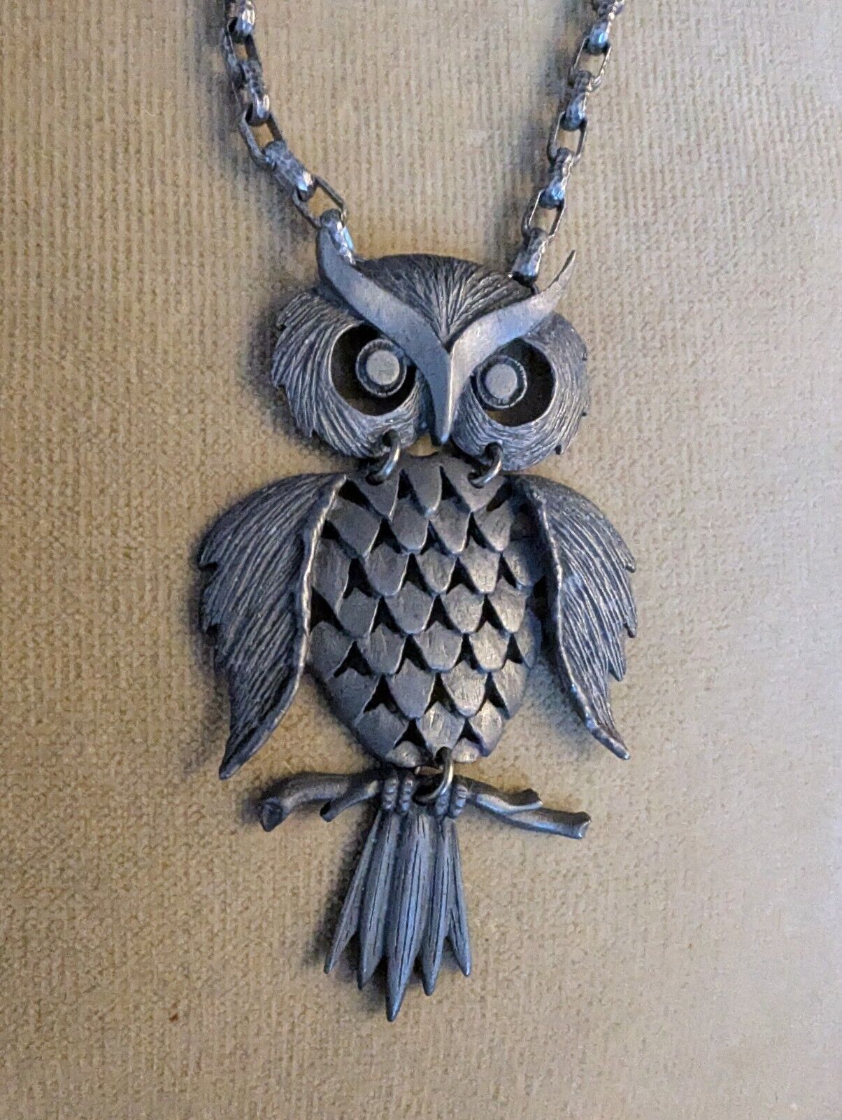 Vintage Bohemian Large Pewter Owl Charm Spirit Animal Boho 4x2.5" Necklace 22"