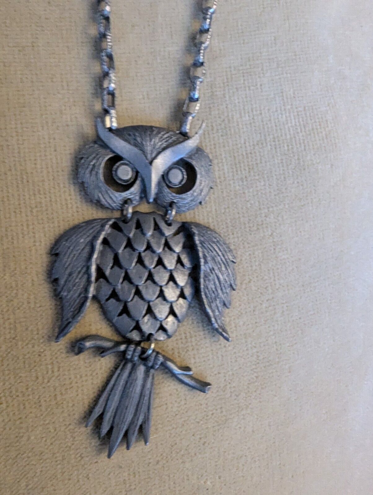 Vintage Bohemian Large Pewter Owl Charm Spirit Animal Boho 4x2.5" Necklace 22"