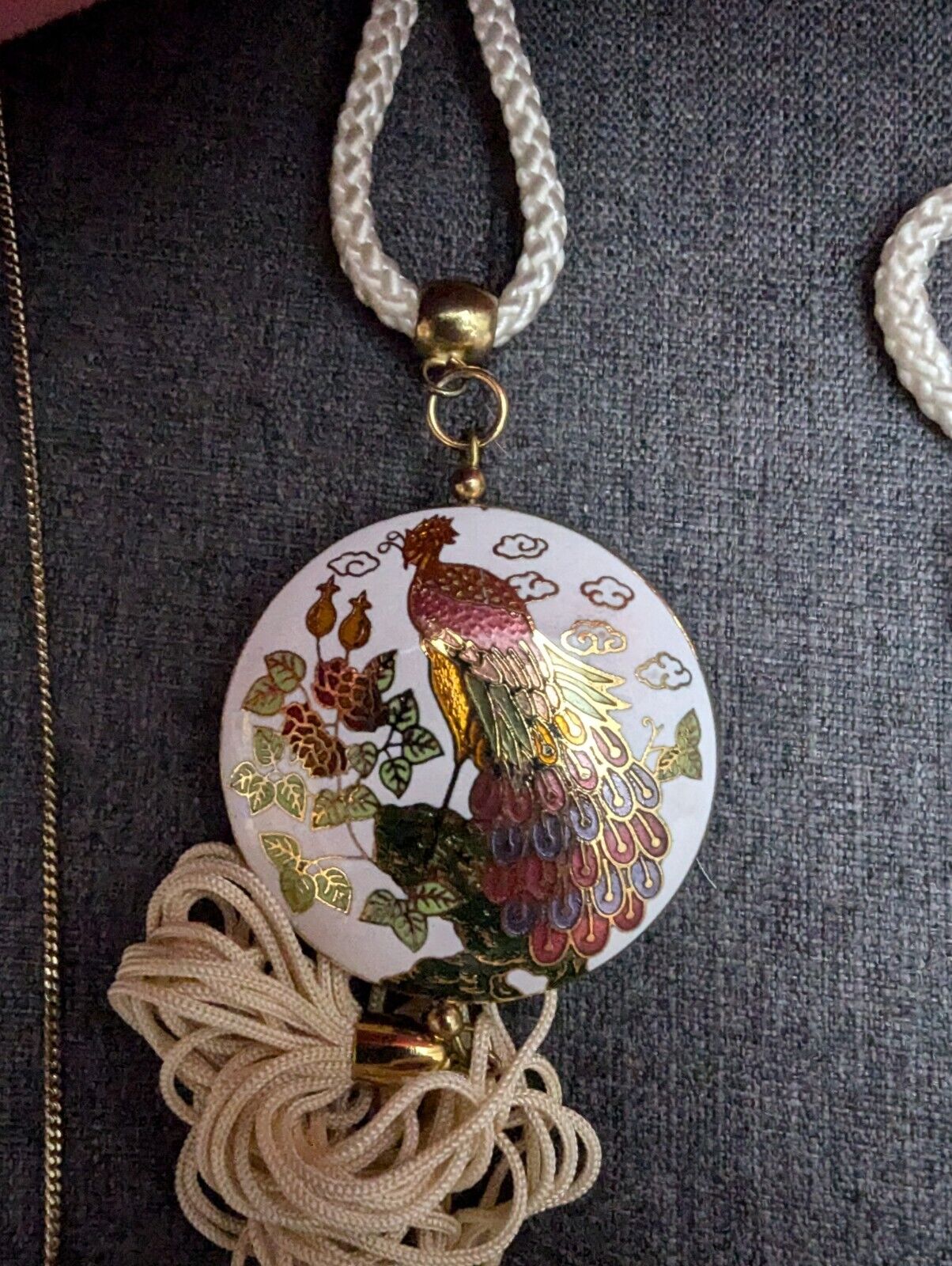 CLOISONNE ENAMEL PEACOCK PENDANT Tassel Fringe Ivory Cord