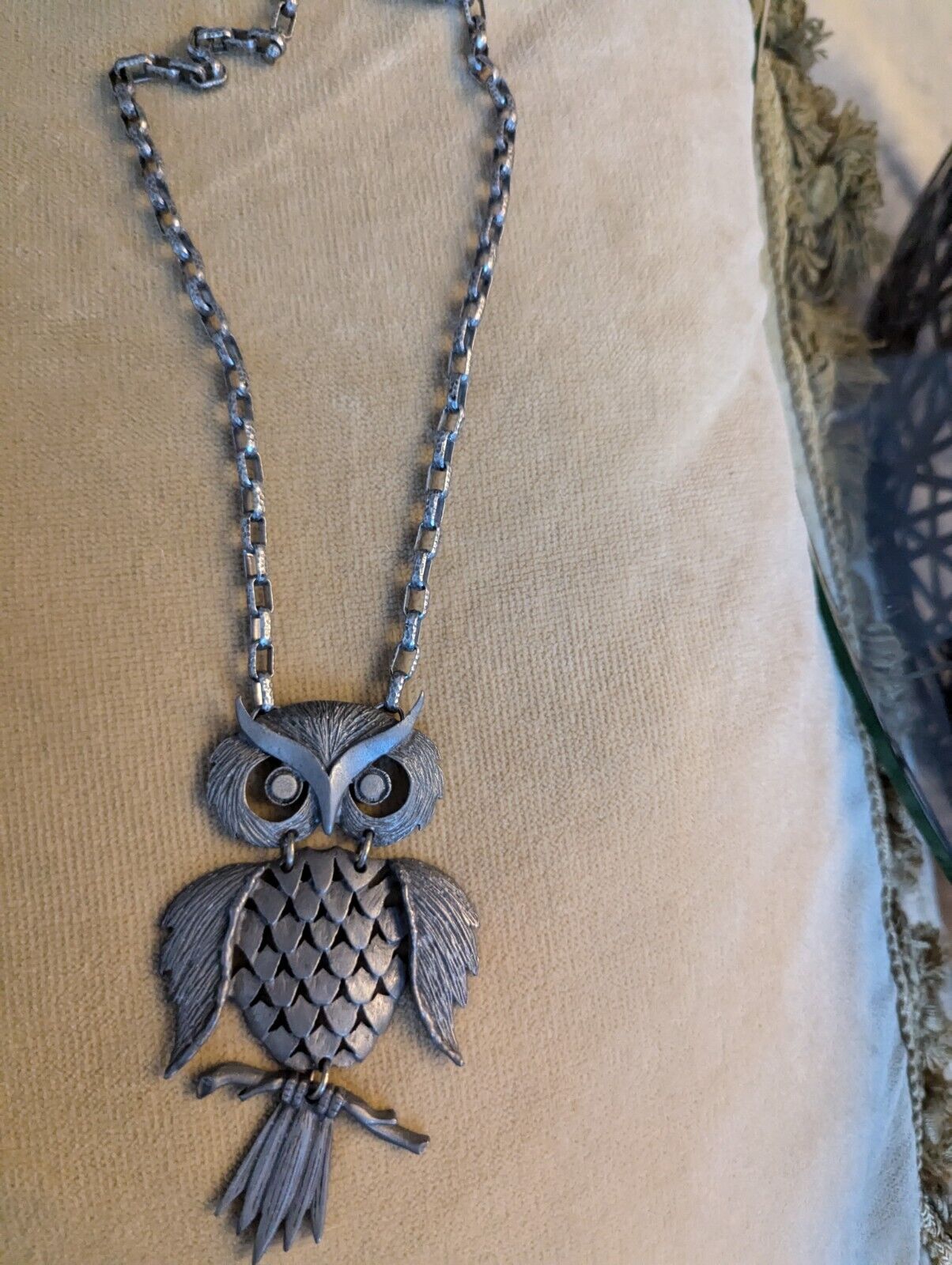 Vintage Bohemian Large Pewter Owl Charm Spirit Animal Boho 4x2.5" Necklace 22"