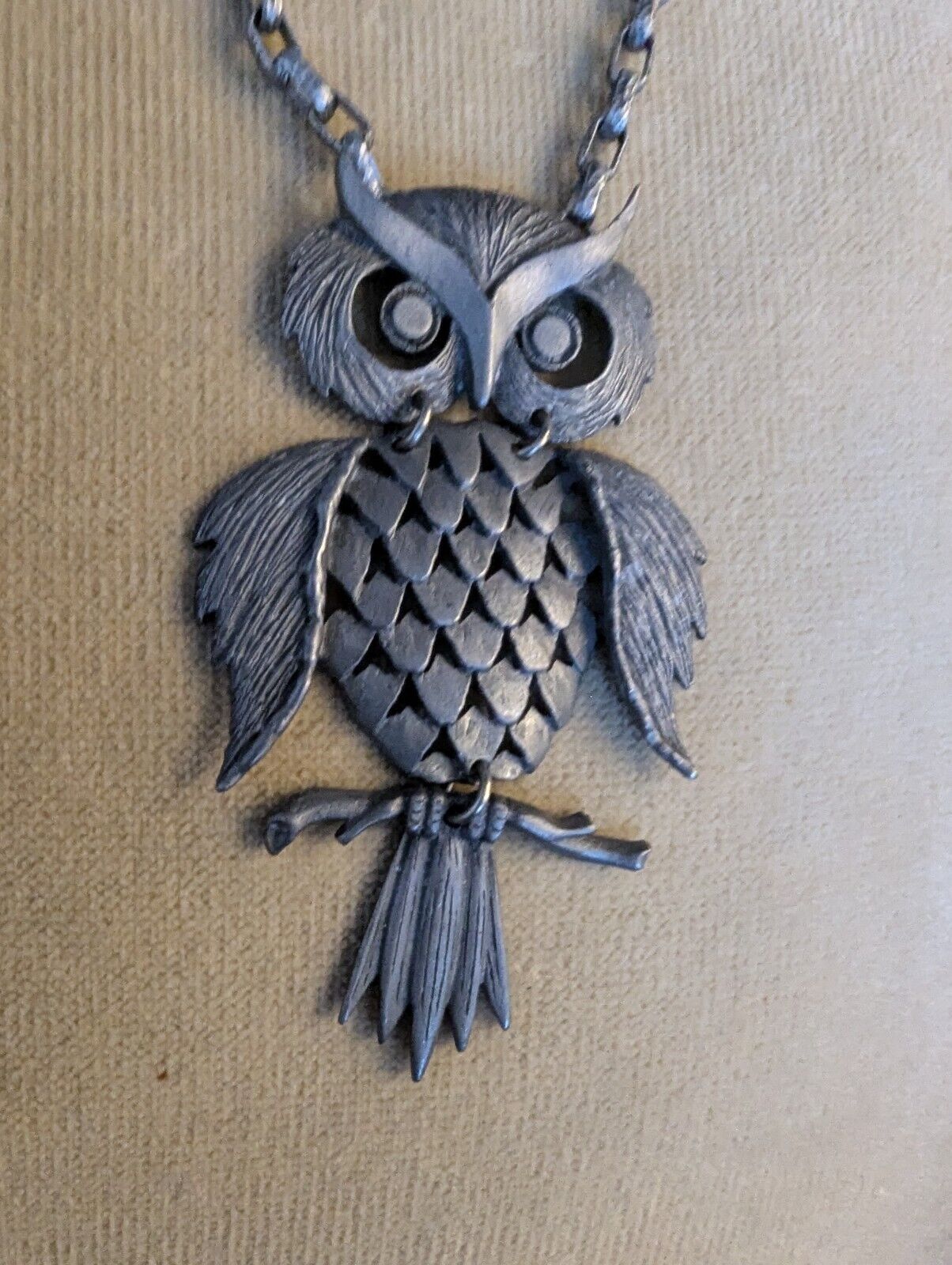 Vintage Bohemian Large Pewter Owl Charm Spirit Animal Boho 4x2.5" Necklace 22"