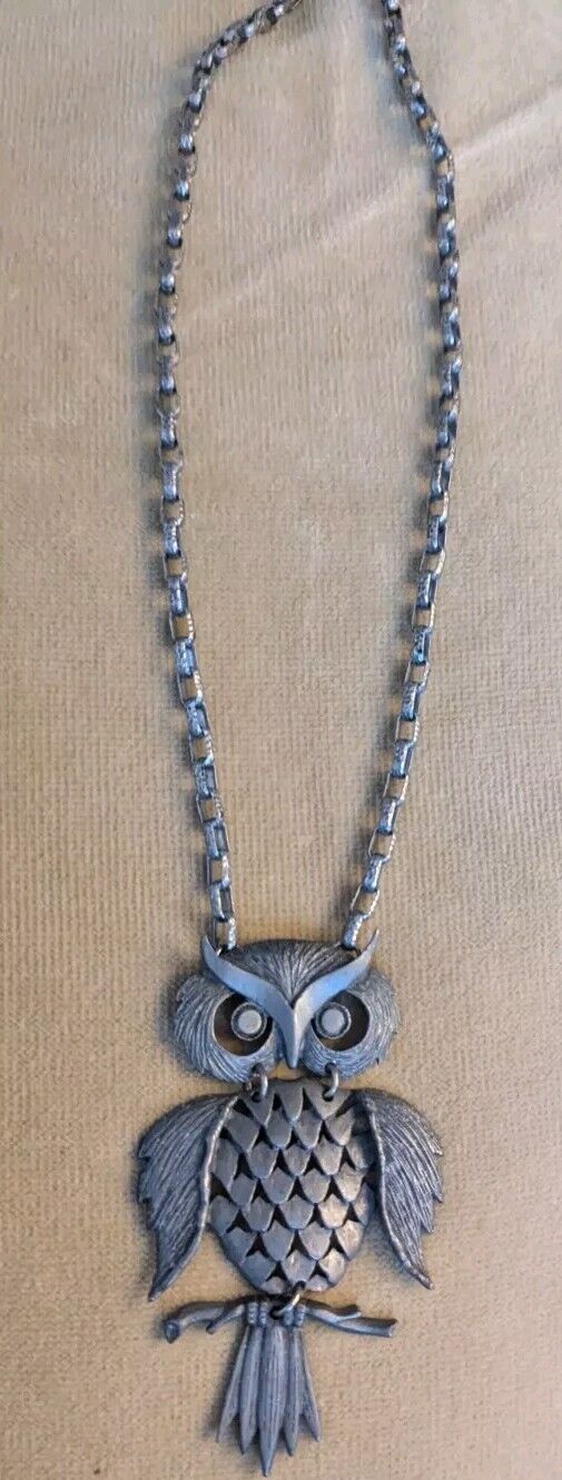 Vintage Bohemian Large Pewter Owl Charm Spirit Animal Boho 4x2.5" Necklace 22"