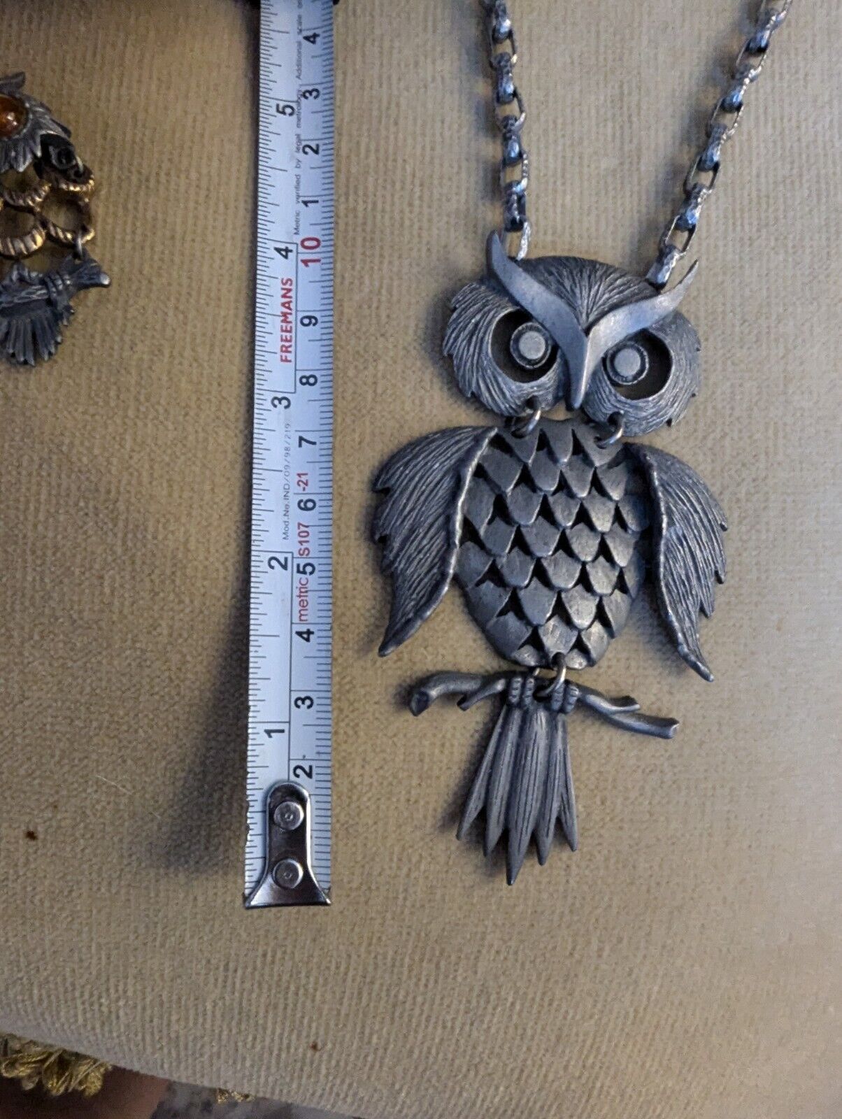 Vintage Bohemian Large Pewter Owl Charm Spirit Animal Boho 4x2.5" Necklace 22"