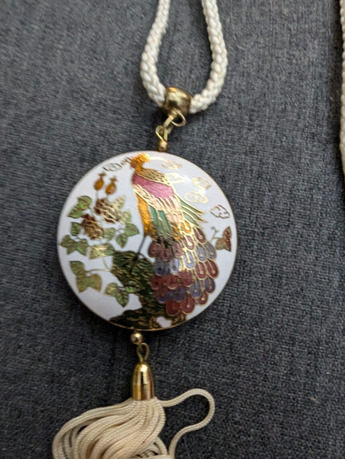 CLOISONNE ENAMEL PEACOCK PENDANT Tassel Fringe Ivory Cord