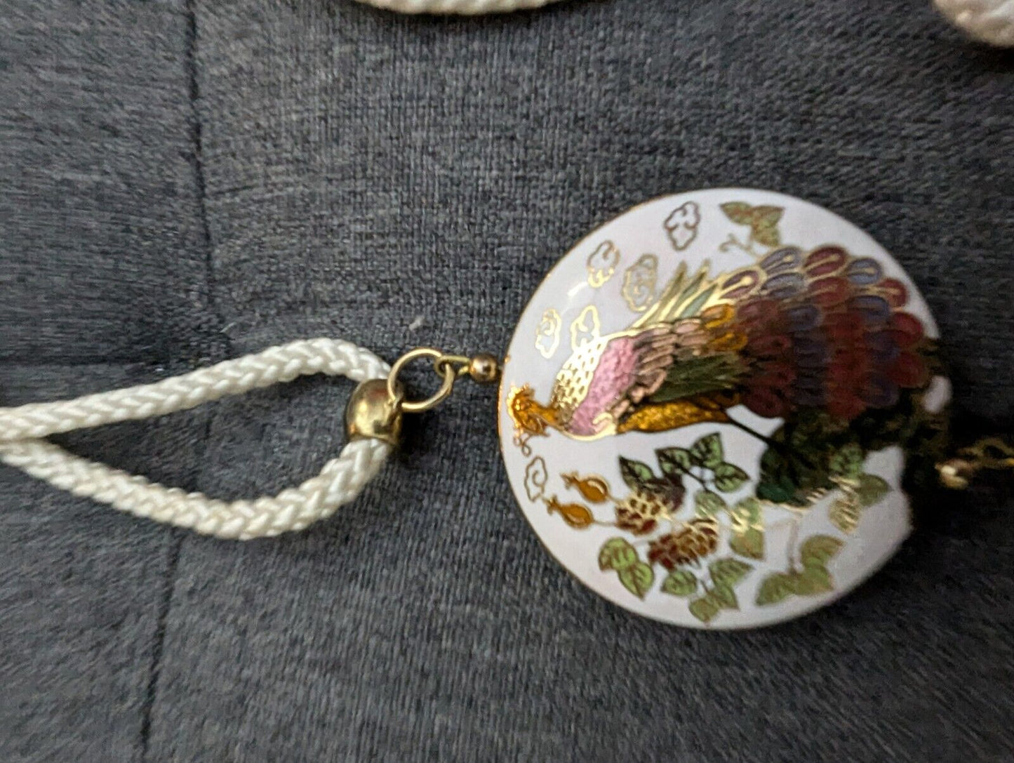 CLOISONNE ENAMEL PEACOCK PENDANT Tassel Fringe Ivory Cord