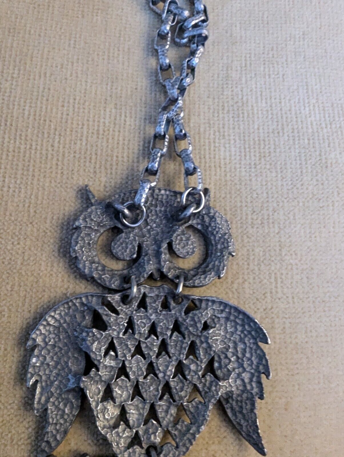 Vintage Bohemian Large Pewter Owl Charm Spirit Animal Boho 4x2.5" Necklace 22"