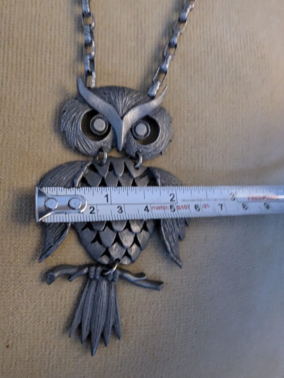 Vintage Bohemian Large Pewter Owl Charm Spirit Animal Boho 4x2.5" Necklace 22"