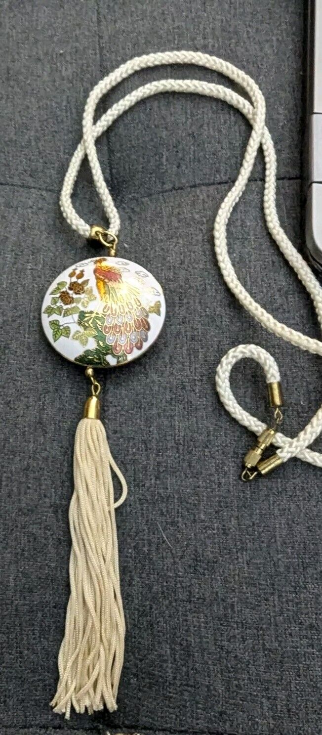 CLOISONNE ENAMEL PEACOCK PENDANT Tassel Fringe Ivory Cord