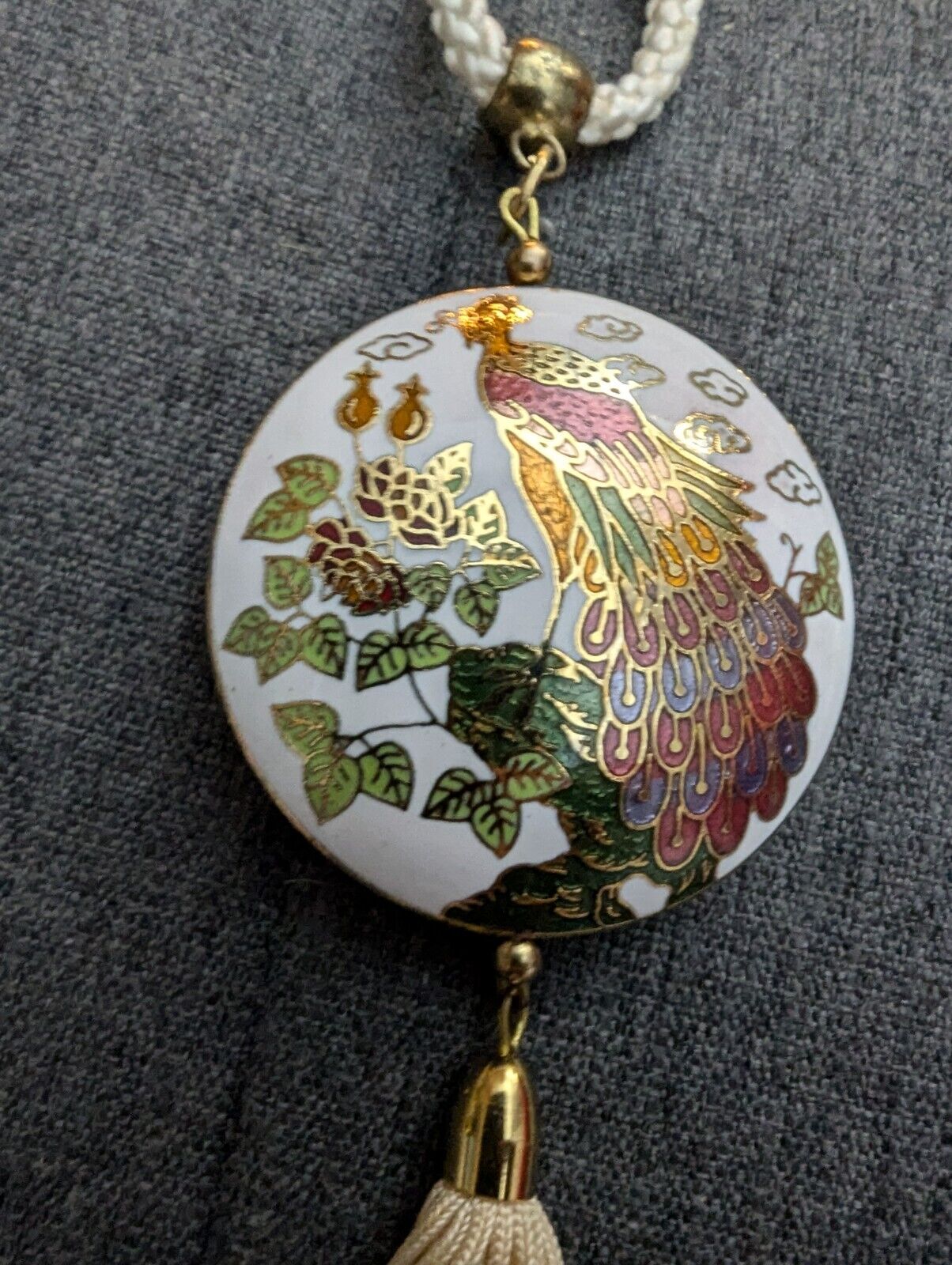 CLOISONNE ENAMEL PEACOCK PENDANT Tassel Fringe Ivory Cord