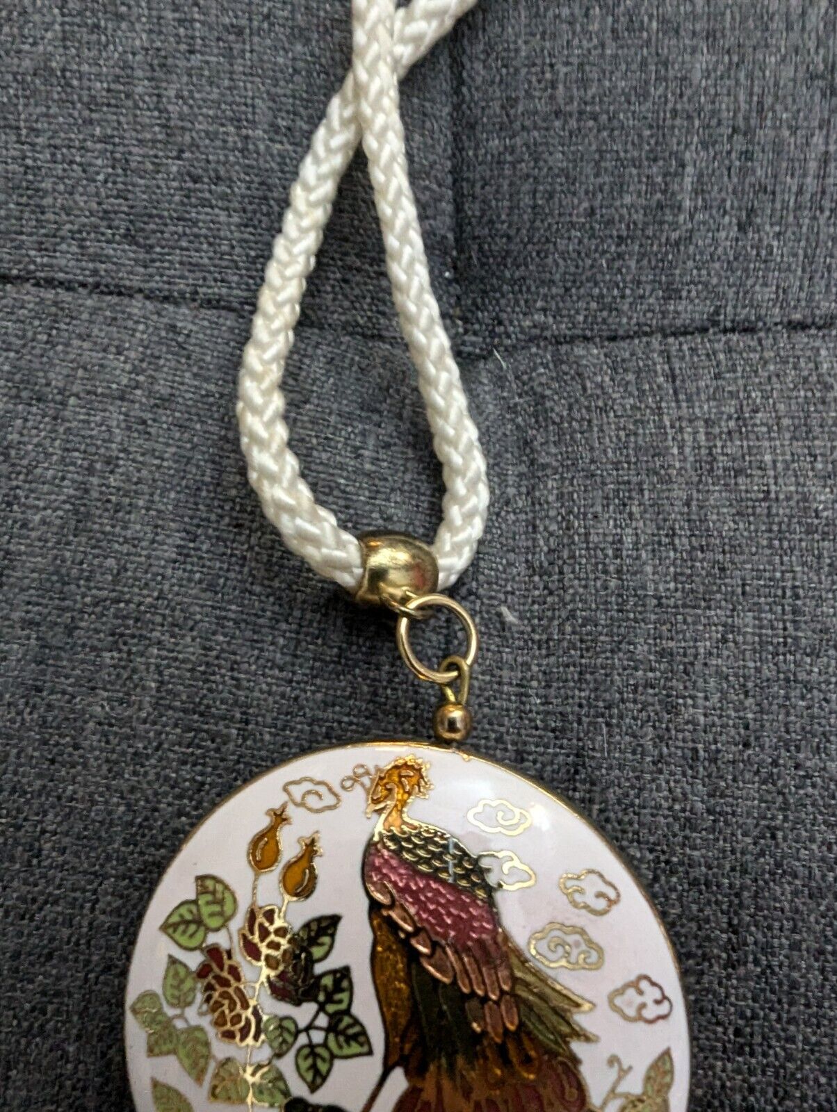 CLOISONNE ENAMEL PEACOCK PENDANT Tassel Fringe Ivory Cord