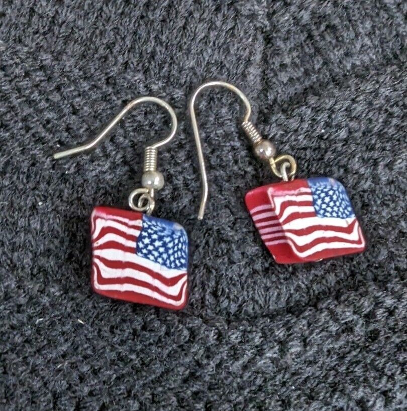 Wood Block American Flag Earings