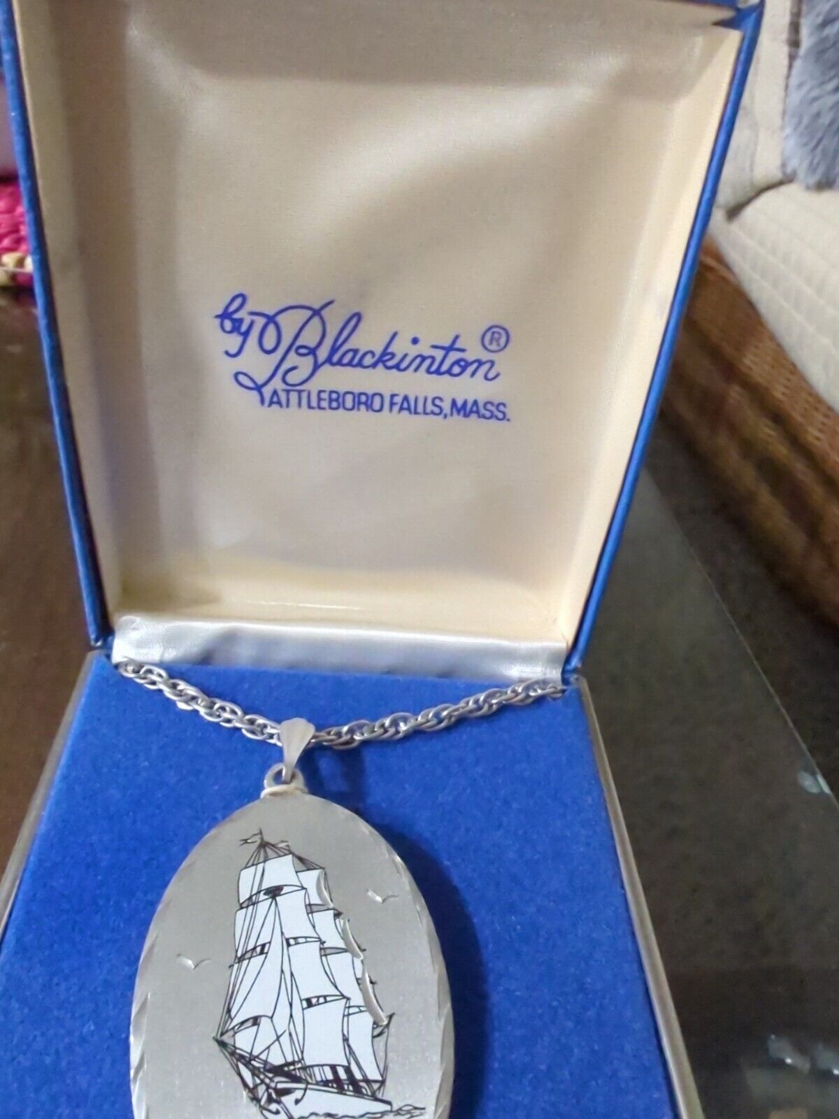 Blackinton Mass USA Sails Ship Large Pewter Pendant And Chain New In Box