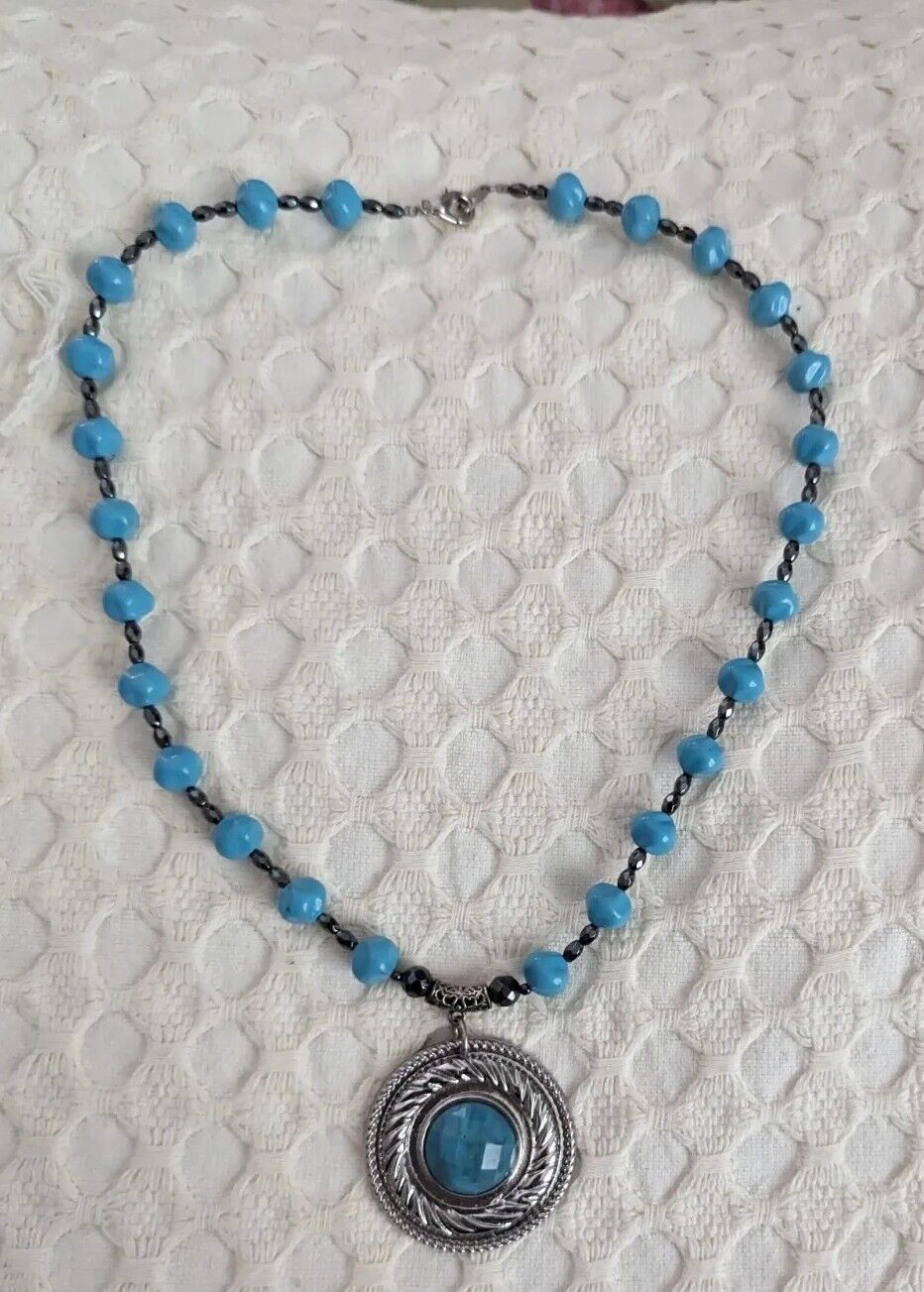 Large Faux Turquoise And Silver Tone Pendant Necklace