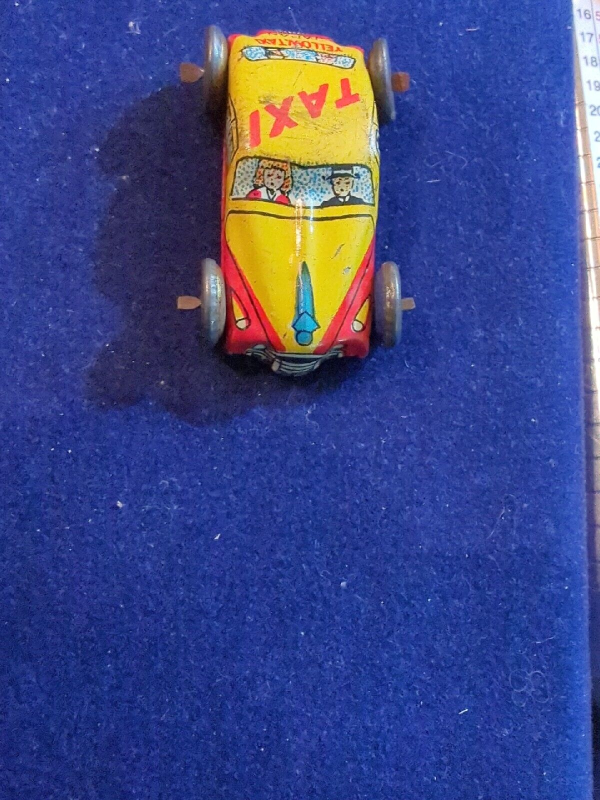 1940s Japan Tiny Tin Litho Toy Car Yellow & Red Taxicab Plate Vintage