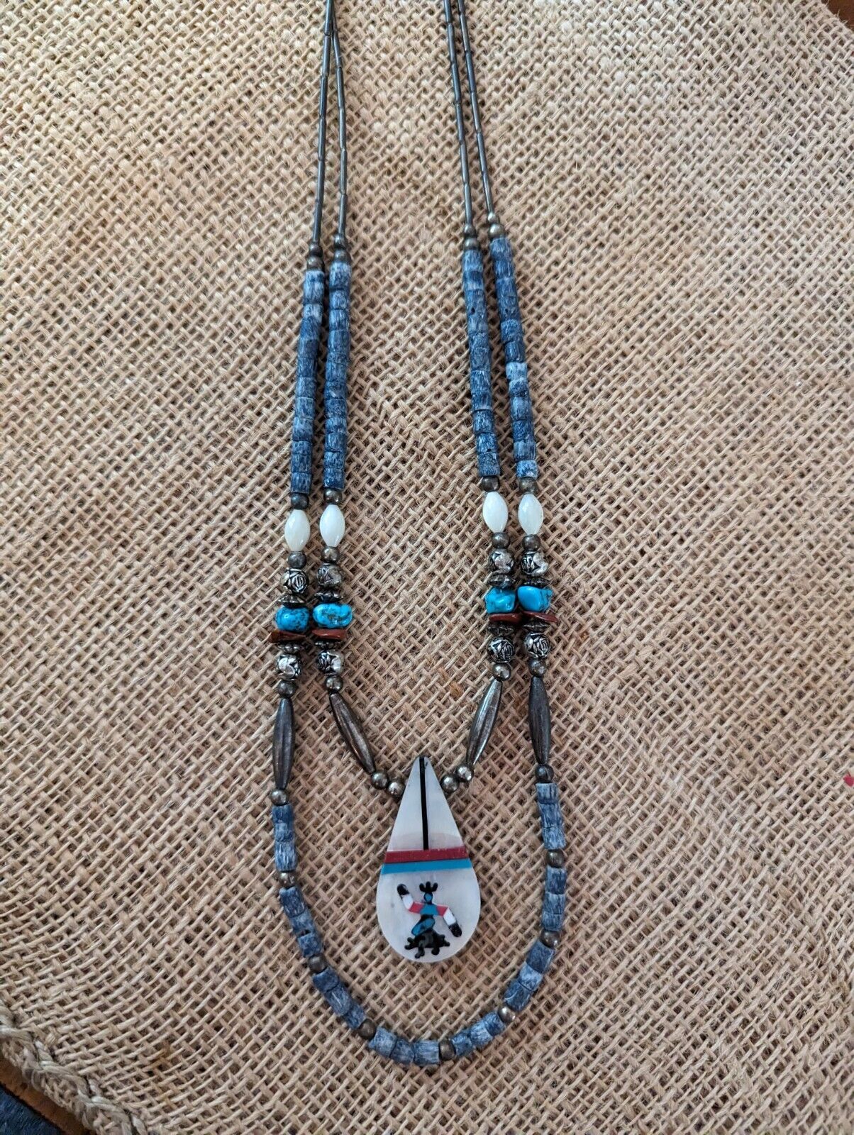 Santo Domingo Pueblo Navajo Inlay Coral Shell Turquoise Kachina 2 Layer Necklace