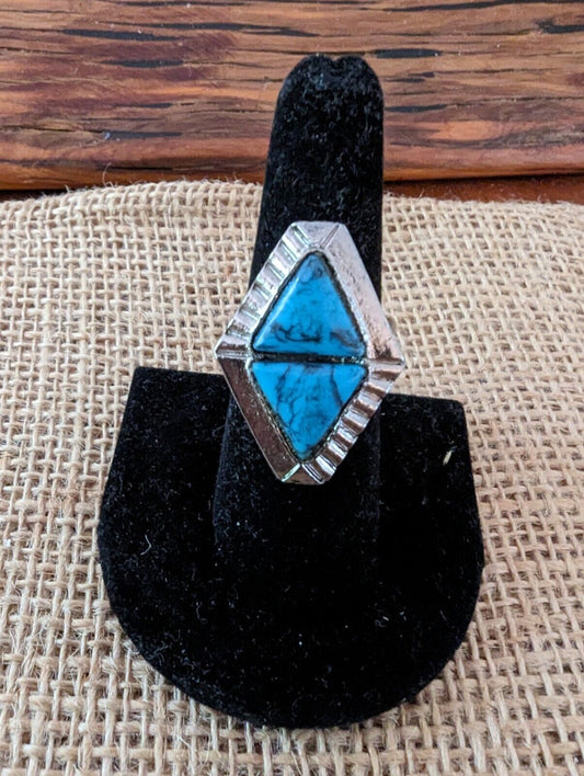 Large Turquoise Over Silver Tone Cocktail Ring Size Seven