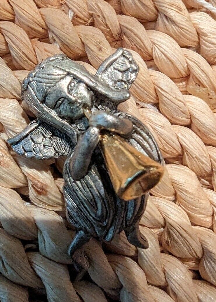 Vintage Pewter and Gold Tone Angel With Horn Lapel Pin Brooch 1.25”