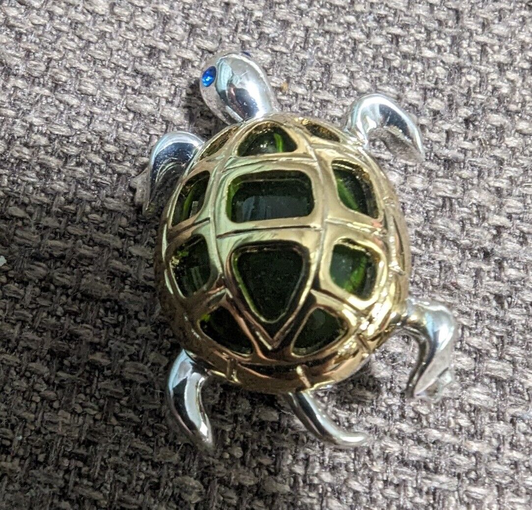 Metal And Green Glass Turtle Brooch Silver And Gold Tone