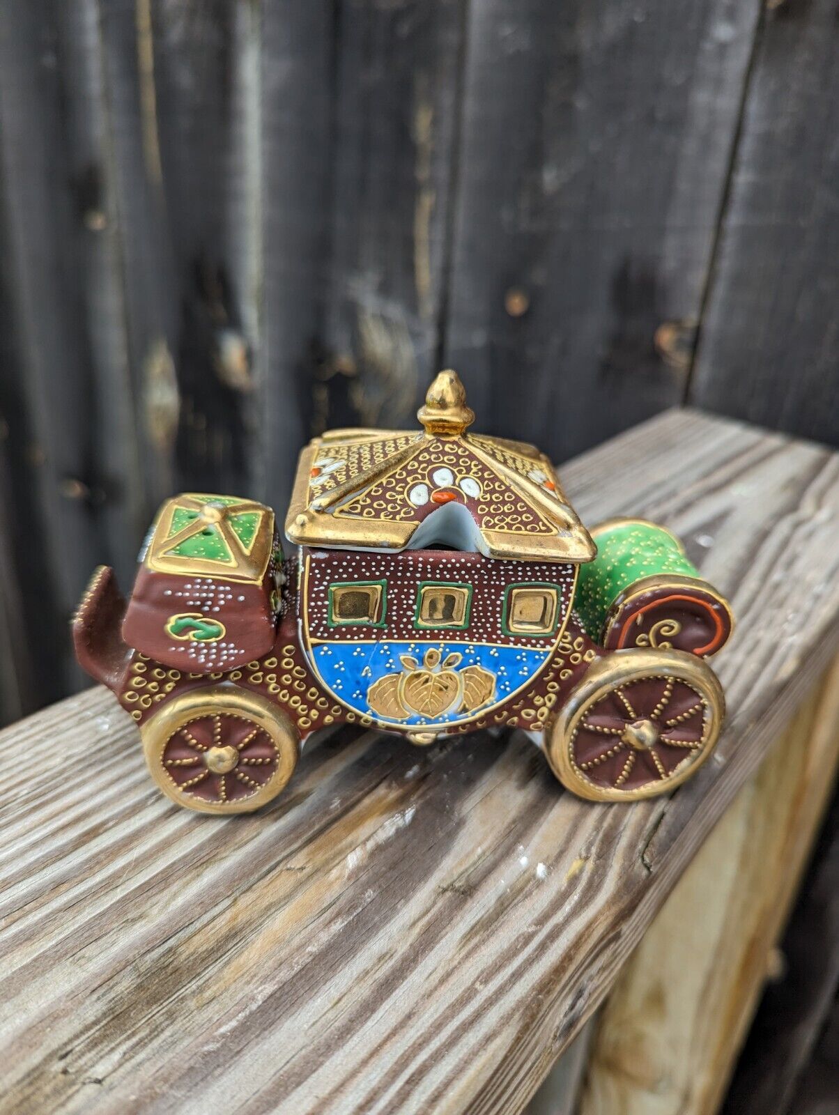 Vintage Ornate Porcelain Carriage Salt Pepper & Sugar Set 6" Wide Made in Japan