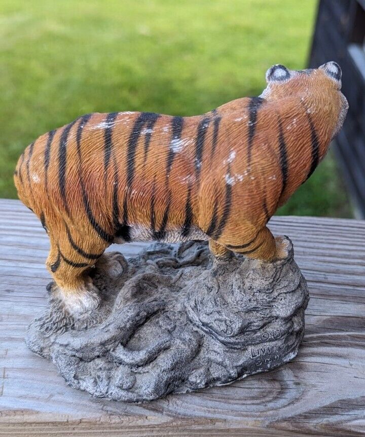 Vintage Resin Orange Siberian Pouncing Tiger Figurine on Rock Made In USA