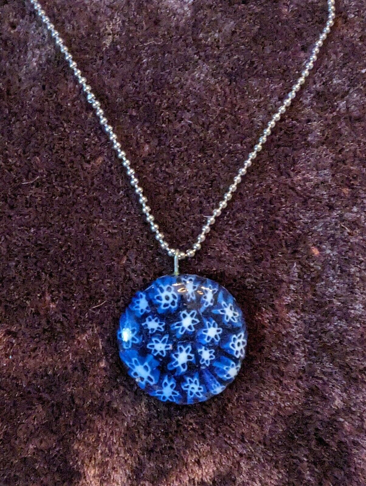 Large Blue Faux Micro Mosaic Pendant On Metal 18" Chain Made In India