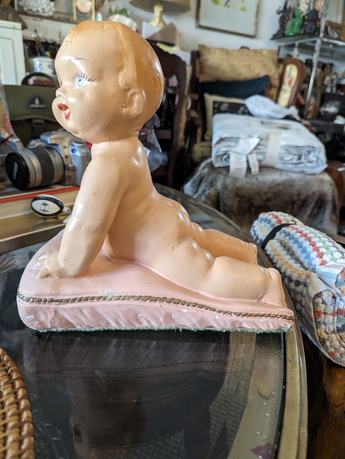 True Vintage 50s Chalkware Piano Baby - Poured Painted plaster baby girl Rare