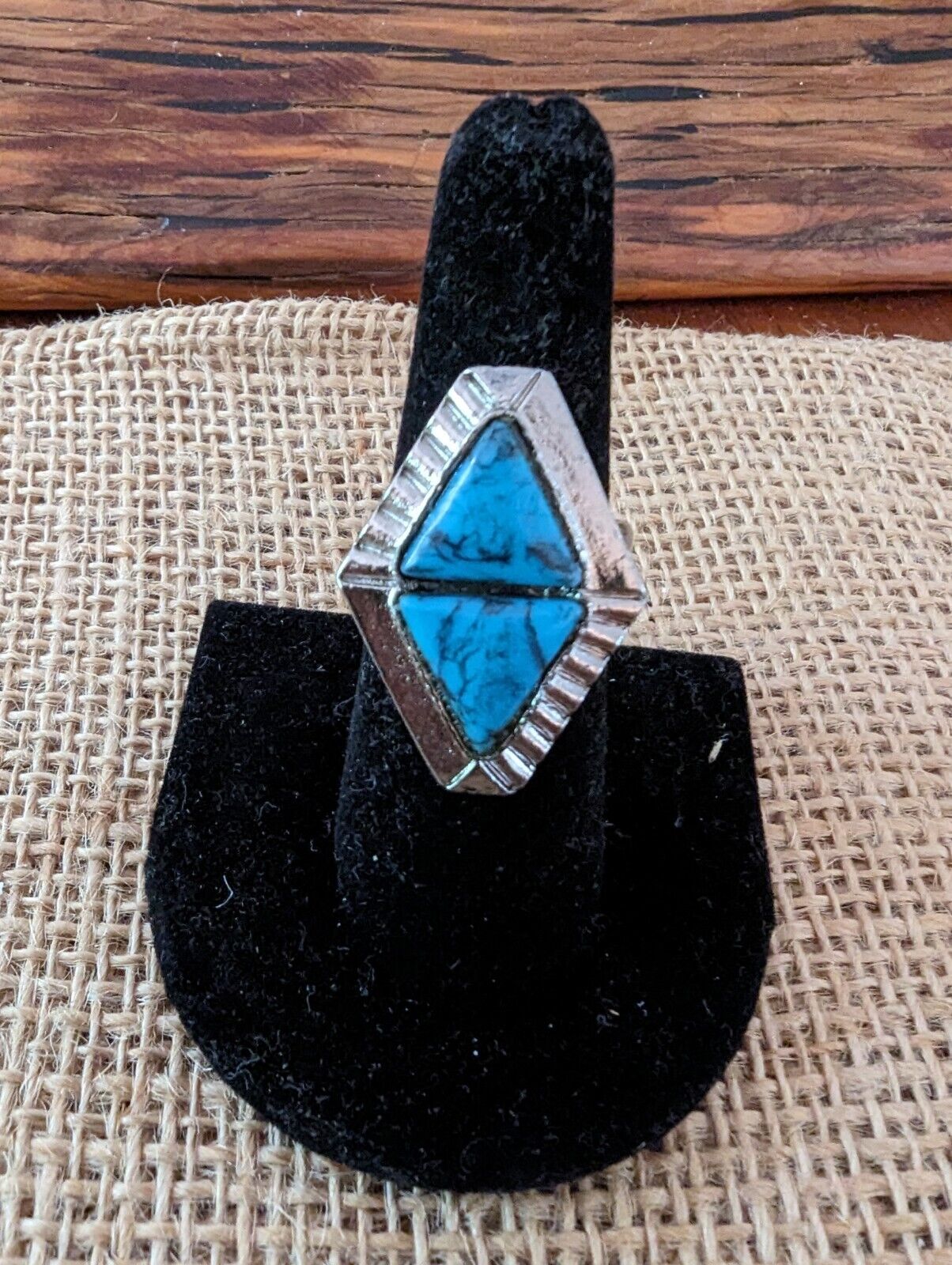 Large Turquoise Over Silver Tone Cocktail Ring Size Seven