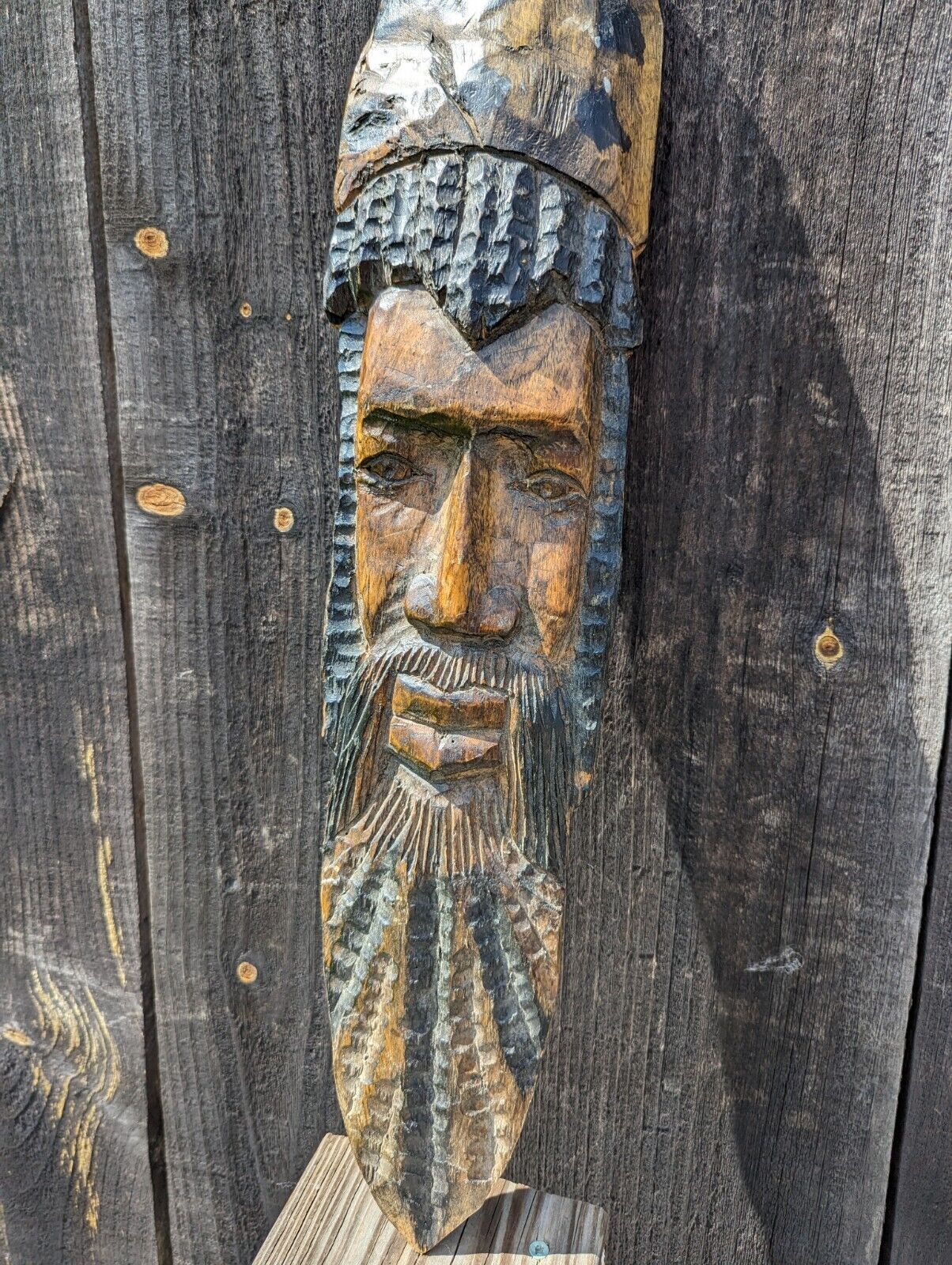 Slender Elongated Primitive Bearded Real Wood Carved Man Mask Wall Hanging 2 Ft